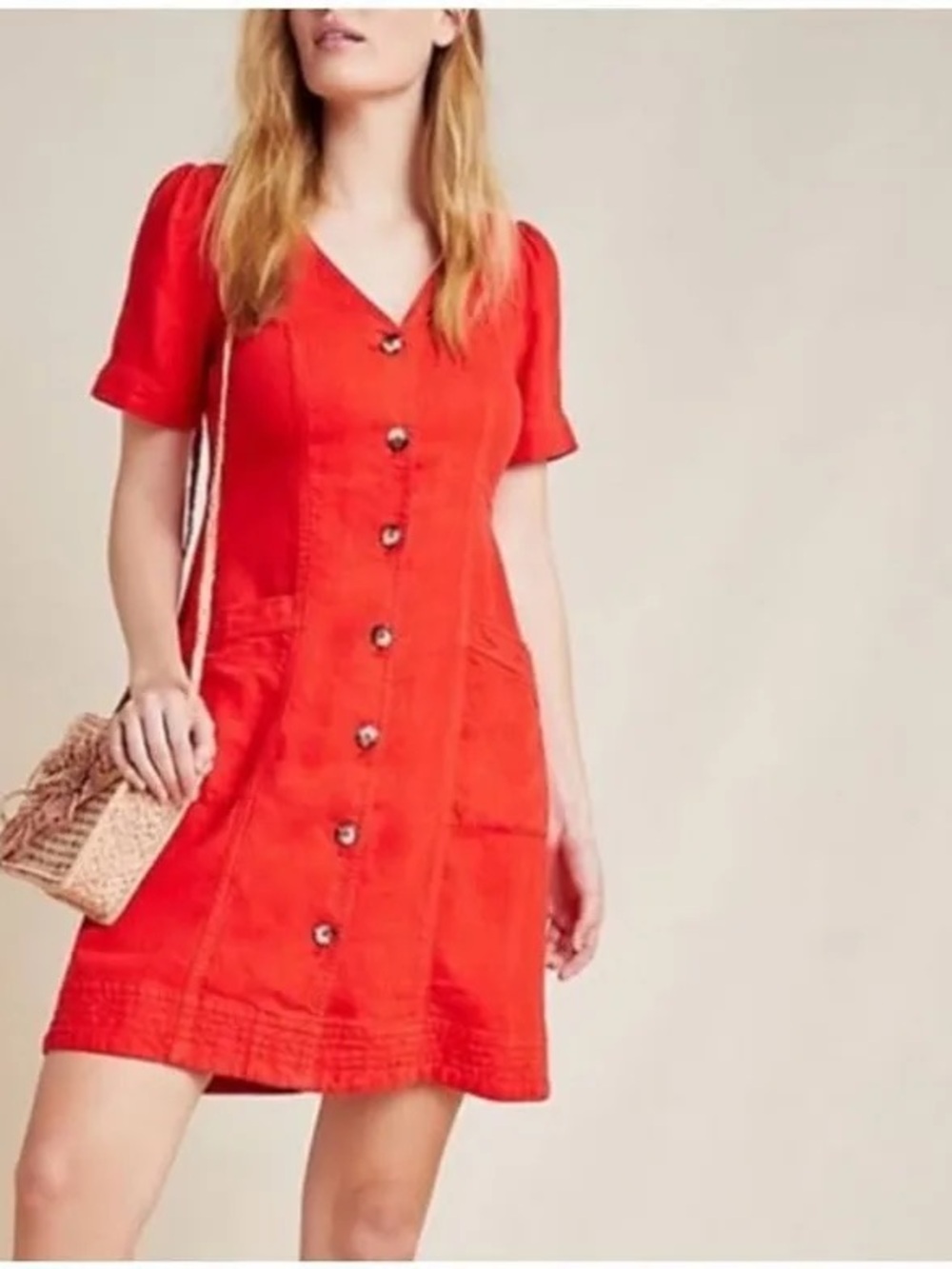 Anthropologie Red Button-Front V-Neck Denim Women's Dress